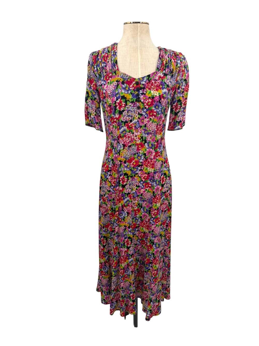 Vintage Liz Claiborne Floral Midi Dress Multicolor Sweetheart Neck Size 4
